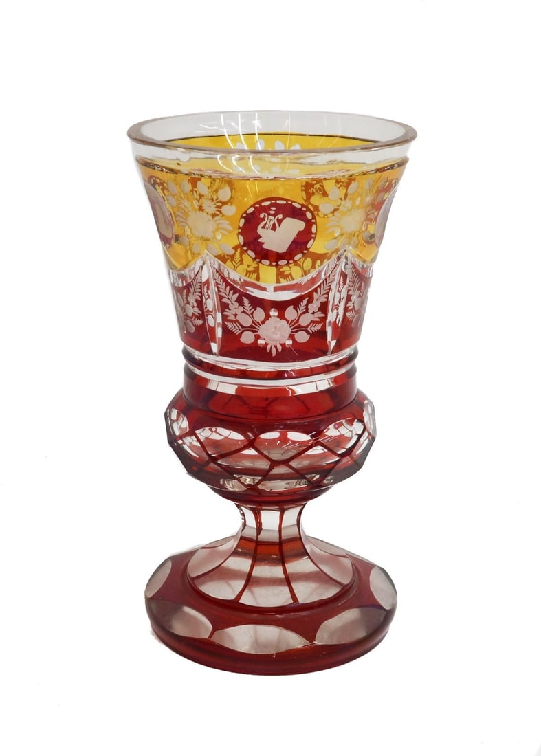 Bohemian Cranberry Red and Yellow Cut Glass Wine Goblet Early 20th Century (1 of 7)