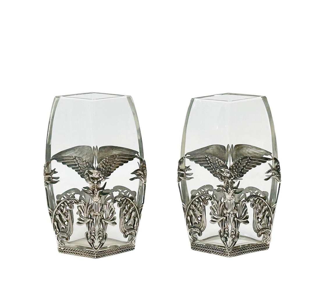 Pair German Jugendstil Silver Plate Mounted Glass Vases Eagles c. 1920 (1 of 7)