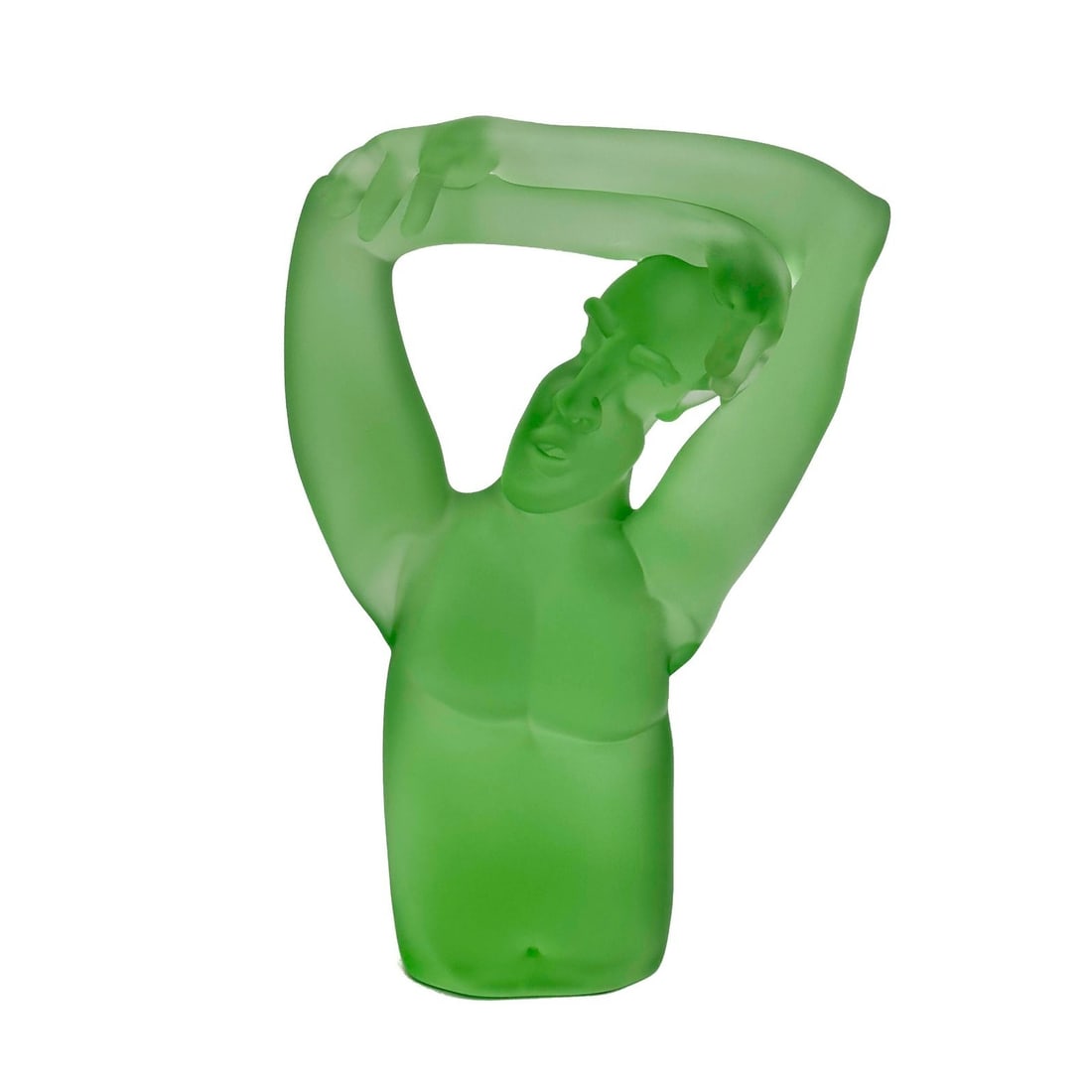 Richard Jolley Art Glass Sculpture Figure Green Torso Signed 16.5in Height: Richard Jolley (American b. 1952) Art Glass Sculpture "Green Torso." Green frosted glass depicting a figure, arms raised. Signed to the underside of the base. Weight: Approx. 19 lb Measurements: Appro