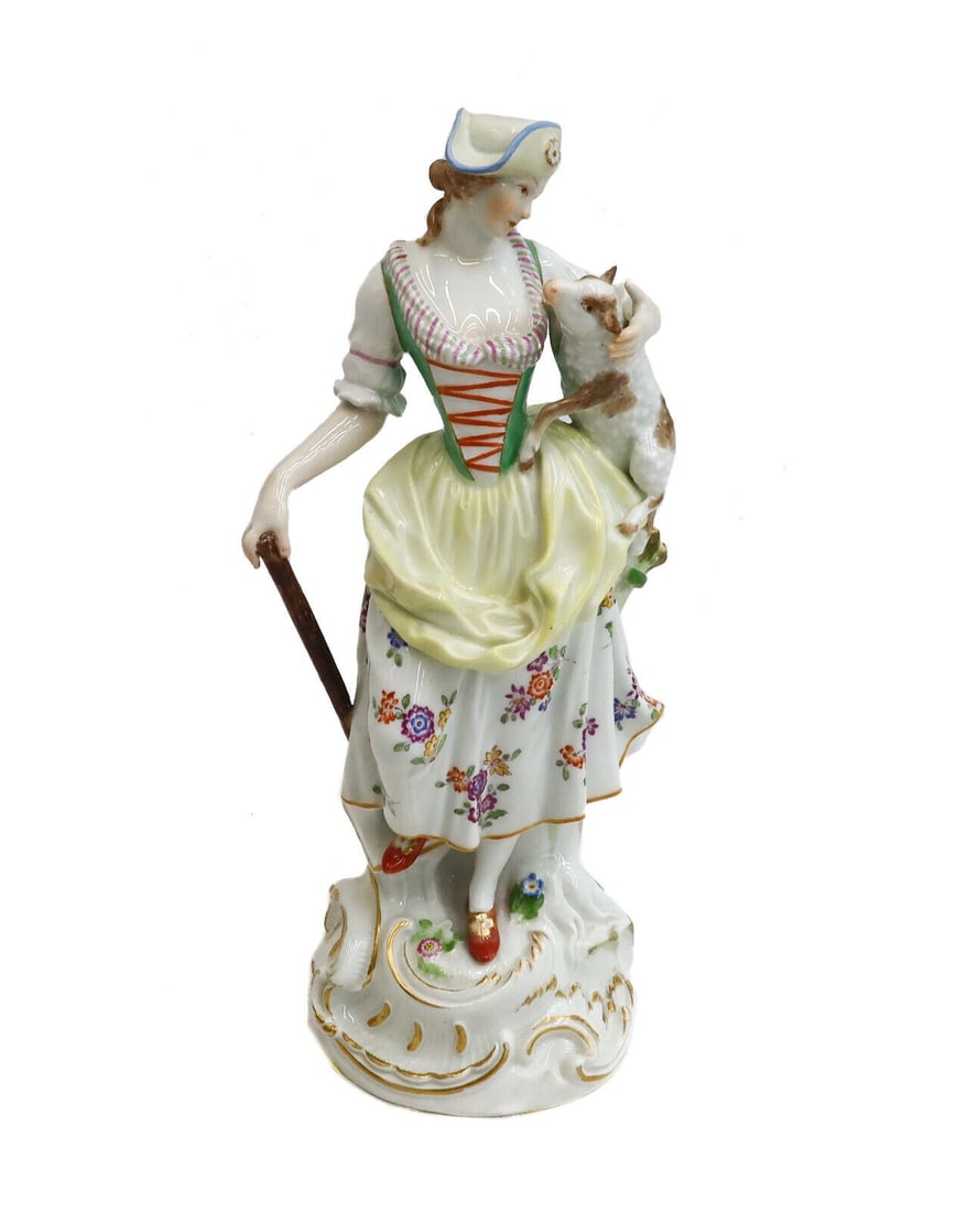 Meissen Germany Hand Painted Porcelain Figure Woman with Lamb c1900: Meissen Germany Hand Painted porcelain figure of a woman, circa 1900. The figure depicts a woman with period era garbs holding a lamb. Meissen mark to back. Weight: Approx. 6 lbs Measurements: approx.
