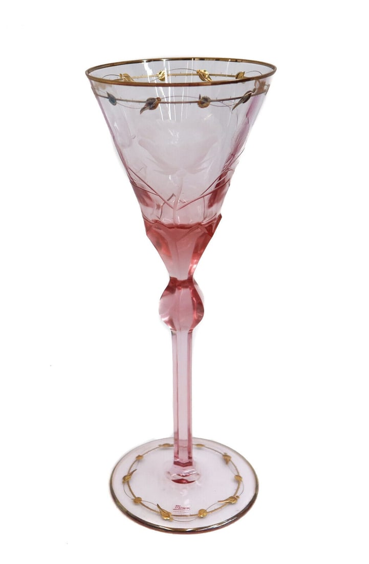 Moser Czech Cut Crystal Glass Water Goblet in Paula Cranberry Pink and Gilt (1 of 11)