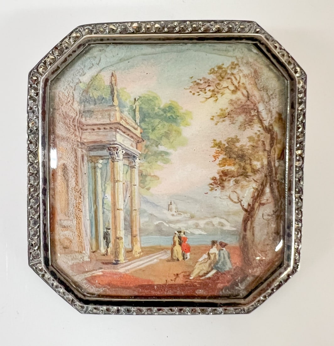 German Sterling Silver Marcasite Brooch with Miniature painting landscape (1 of 7)