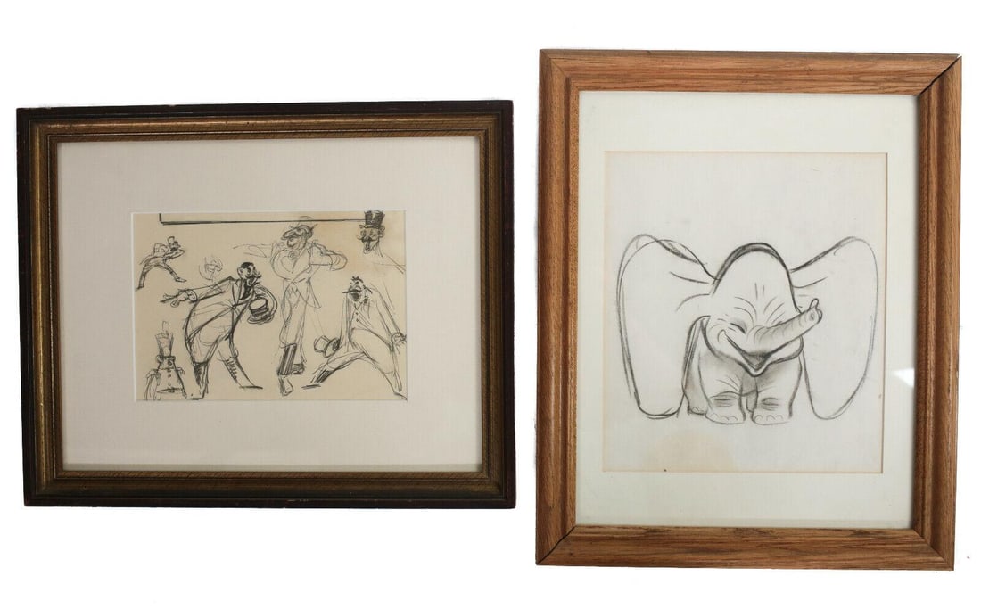2 Drawings Attributed to Disney Dumbo concept sketches c1940: Two Pencil/charcoal Sketches, Attributed to DIsney's Dumbo (1941). Ringmaster and Dumbo concept sketches. Untitled, unmarked. Wood frame and glazed. 4lbs Measurements: Approx. Ringmaster image area 8.