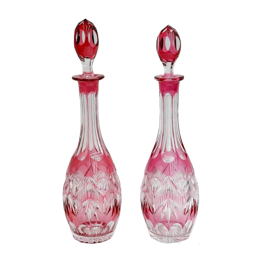 Pair Val St. Lambert French Cranberry Cut to Clear Glass Decanters (1 of 6)