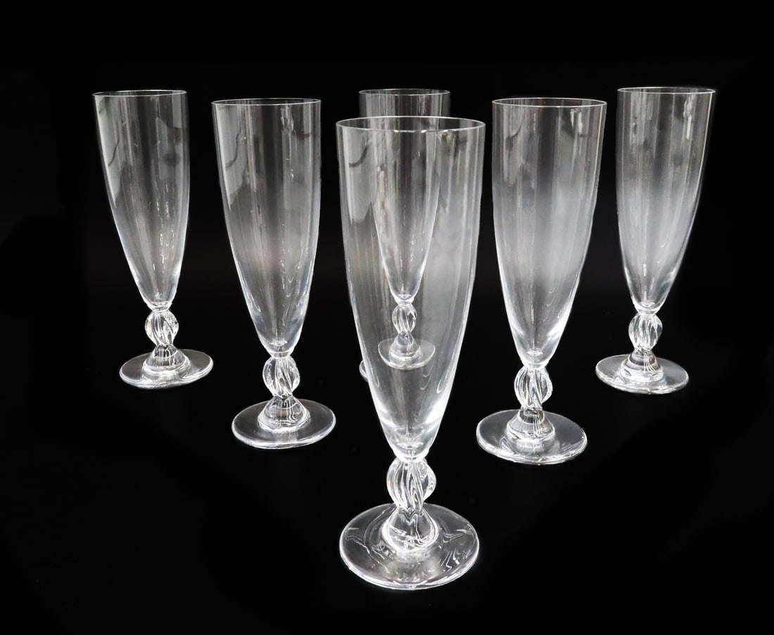 6 Lalique France Crystal Glass Champagne Flute Goblets in Frejus Signed (1 of 7)