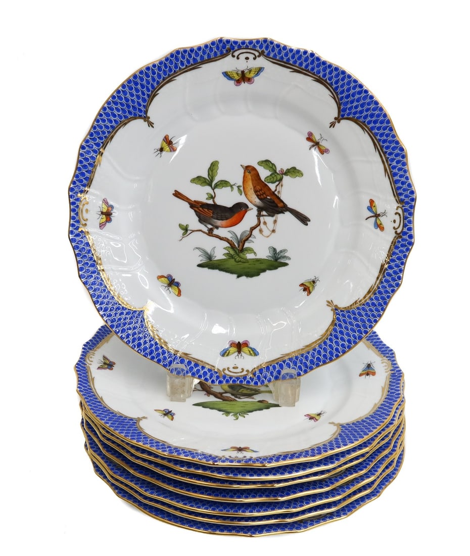 8 Herend Hungary Rothschild Birds Blue Scale Fish Net Dinner Plates 1524 (1 of 10)