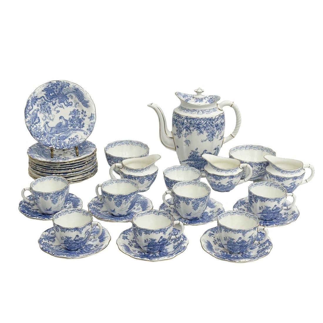 26pc Royal Crown Derby Blue Aves Birds Porcelain Tea Coffee Set for 7 circa 1945 (1 of 9)