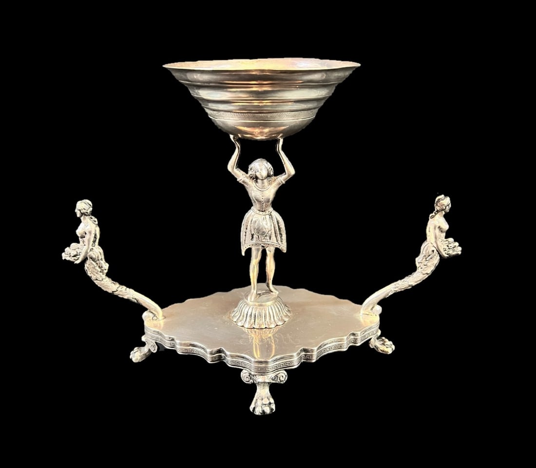 Spanish Silver Chofeta or ember bowl 19th century: Spanish Silver Chofeta or ember bowl, figure holding the central bowl, flanked by two figures in profile. Claw footed. c late 19th century. Two monograms on the the base. Marked 'L Hernandez' on the u