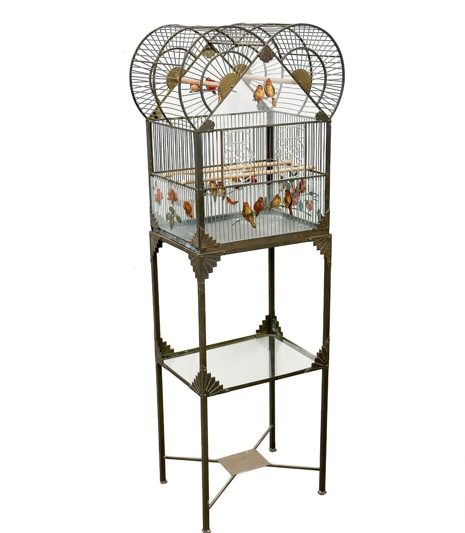 American Art Deco Patinated and Parcel Gilt Metal Birdcage circa 1920: American Art Deco Patinated and Parcel Gilt Metal Birdcage, circa 1920. Remnants of gilt. Each glass panel decorated with bird and/or floral motifs. The two doors are spring loaded and function well. 