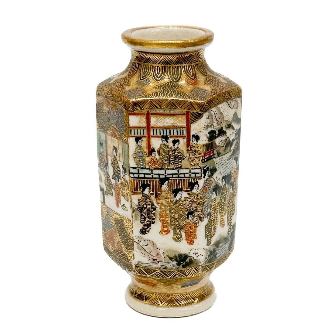 Gyokusen Japanese Satsuma Hand Painted Hexagonal Porcelain Vase: Gyokusen Japanese Satsuma Hand Painted Porcelain Vase. Hexagonal vase with hand painted panels of figures to the sides. Underside marked Gyokusen ?? beneath the Shimazu family crest. Weight: Approx. .