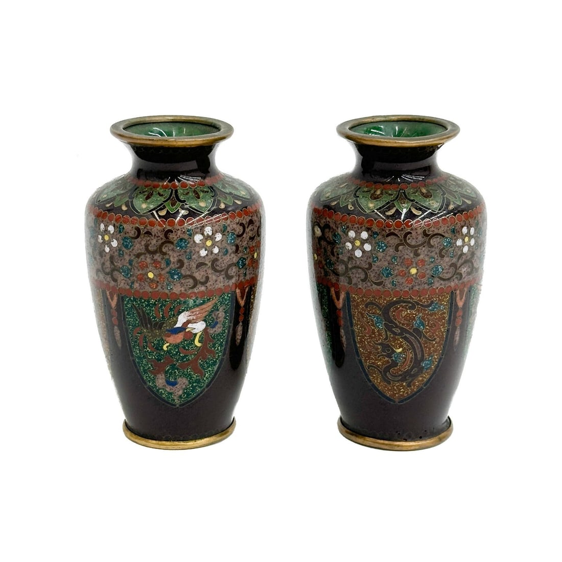Pair Japanese Ginbari Cloisonne Enamel Bronze 3.6 in Vases Meiji Period (1 of 7)