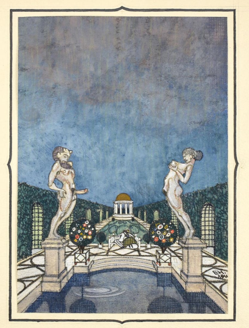 Erotic Painting in Classical Garden, with Statues Signed, EH 1911: Erotic watercolor painting. Signed in pen, "EH 1911" to towards the lower right hand corner. Attached to mat paper. Hoppe, Emil Otto(Austrian 1878-1972) Measurements: Approx. Painting: 7.5" x 5.1" / M