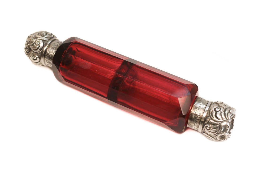 Continental Silver Cranberry Glass Dual Compartment Perfume Bottle, circa 1900 (1 of 3)
