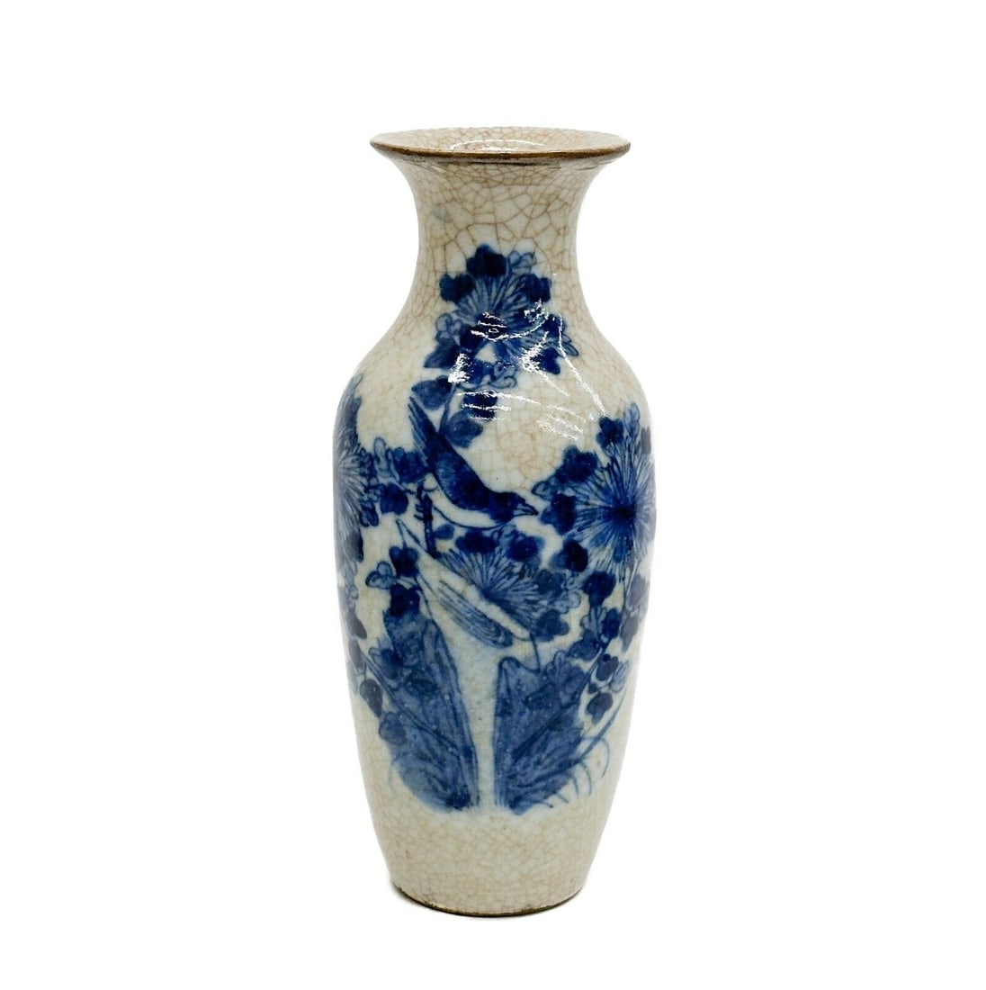 Chinese Porcelain Vase Blue Flowers and Bird 19th century: Chinese Porcelain Vase, 19th century. Decorated with blue florals with birds. Drilled hole to the underside, at one time converted into a lamp. Weight: Approx. 2 lbs Measurements: Approx. 4 inches dia