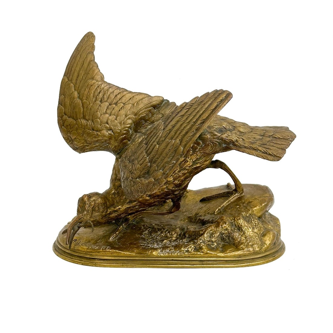 Agathon Leonard (French 1841-1923) Game Bird Gilt Bronze Sculpture Signed: Agathon Leonard (French, 1841-1923) Game Bird Gilt Bronze Sculpture. Depicts a game bird with a worm in its beak. Signature to base, A. Leonard. Weight:approx. 7 lbs Measurements: Approx. 9 inches x 6