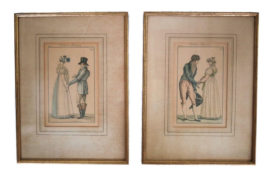 Pair of hand colored engravings, Regency period, 1807, French fashions: Pair of hand colored engravings, Regency period, 1807, French fashions, titled "Costume Parisien." In gilt wood frames, glazed. 3lb Measurements: Approx. Visible area 4.125 x 6.5 inches; frame 8.875 x
