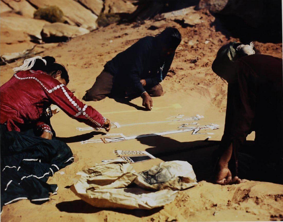Josef Muench (American 1904-1998) Authentic Color Photo Navajo Sandpainting: Muench, Josef (1904-1998) Color Study, Photographic print, 'Navajo Indian Sandpainting' No. B-2855. Signed in Pen 'Josef Muench' lower right on mat board. Photo of artist signing print en verso "A Med