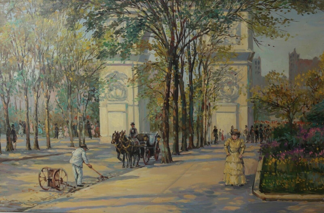 Mid 20th century Parisian street scene, Arc de Triumph Oil painting on masonite (1 of 6)