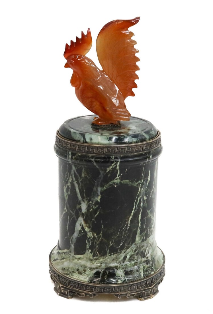 Yamanaka Lebkuecher Sterling Silver Marble Carnelian Rooster Cigarette Box: Attributed to Yamanaka and Lebkuecher gilt sterling silver green marble and carnelian rooster cylindrical cigarette box. Green marble exterior with a carved carnelian rooster to finial. Gilt sterling 