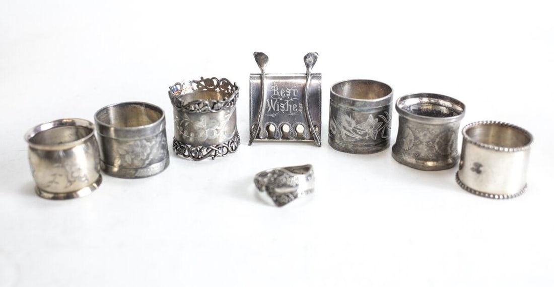 8pc assorted Victorian Silverplate Napkin rings Wishbone engraved flatware (1 of 6)