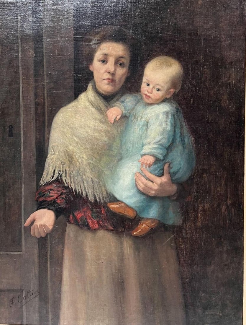 F. Cattin Oil painting on canvas, mother begging with infant late 19th c: F. Cattin Oil painting on canvas, mother begging with infant. Probably late 19th Century. Signed lower left. In gilt wood frame Weight: Approx. 19.5lbs. Measurements: Approx. canvas 34 x 45.75; frame 