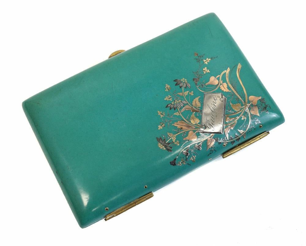 Continental Celluloid Mixed Metal Inlay Dance Card Case Holder 14k Gold Mounts (1 of 7)