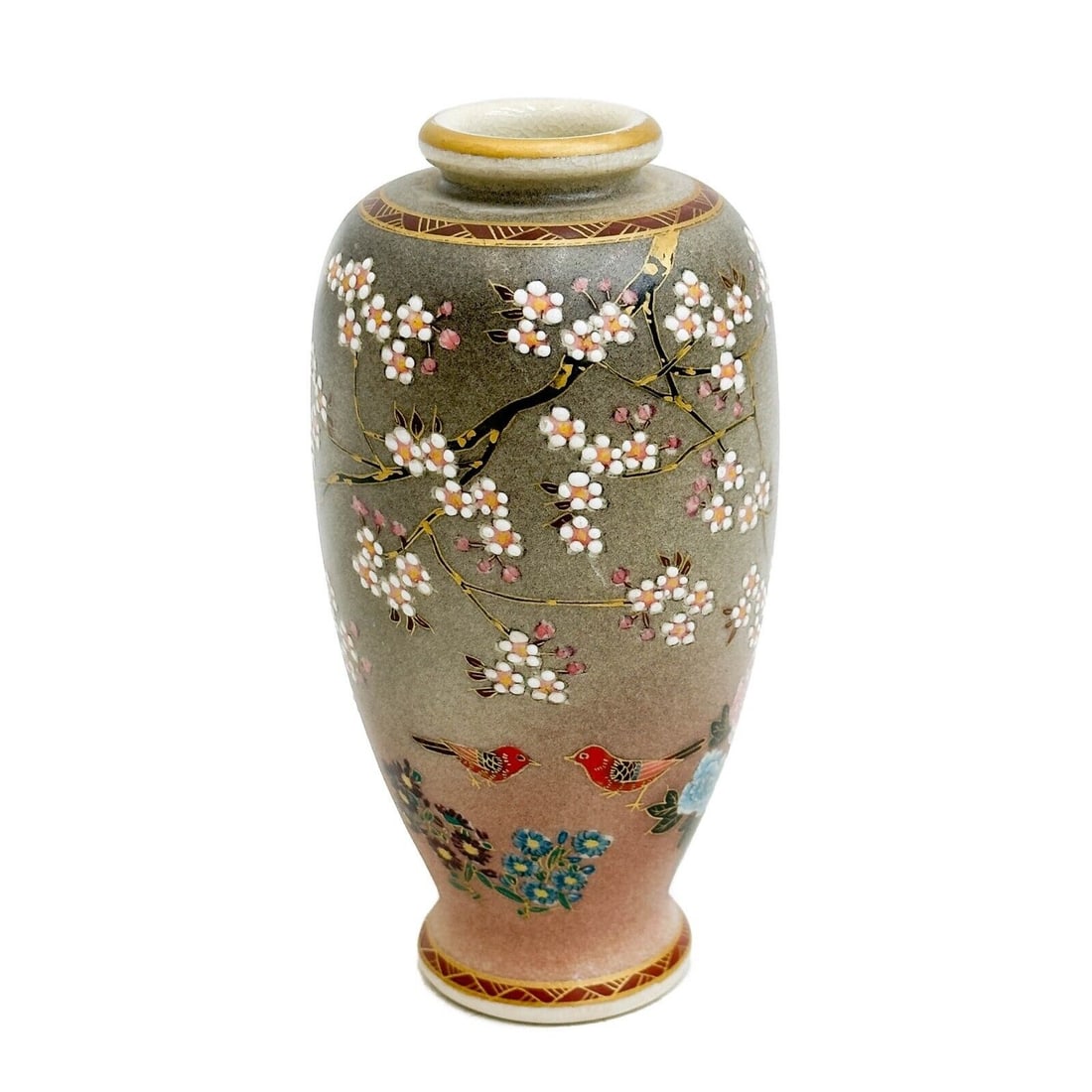 Koshida Japanese Satsuma Hand Painted Porcelain Vase Cherry Blossoms Meiji Per: Koshida Japanese Satsuma Hand Painted & Enameled Porcelain Vase, Meiji period. Hand painted decoration to the sides with birds and flowers, cherry blossom branch with raised enamel accents. Underside 