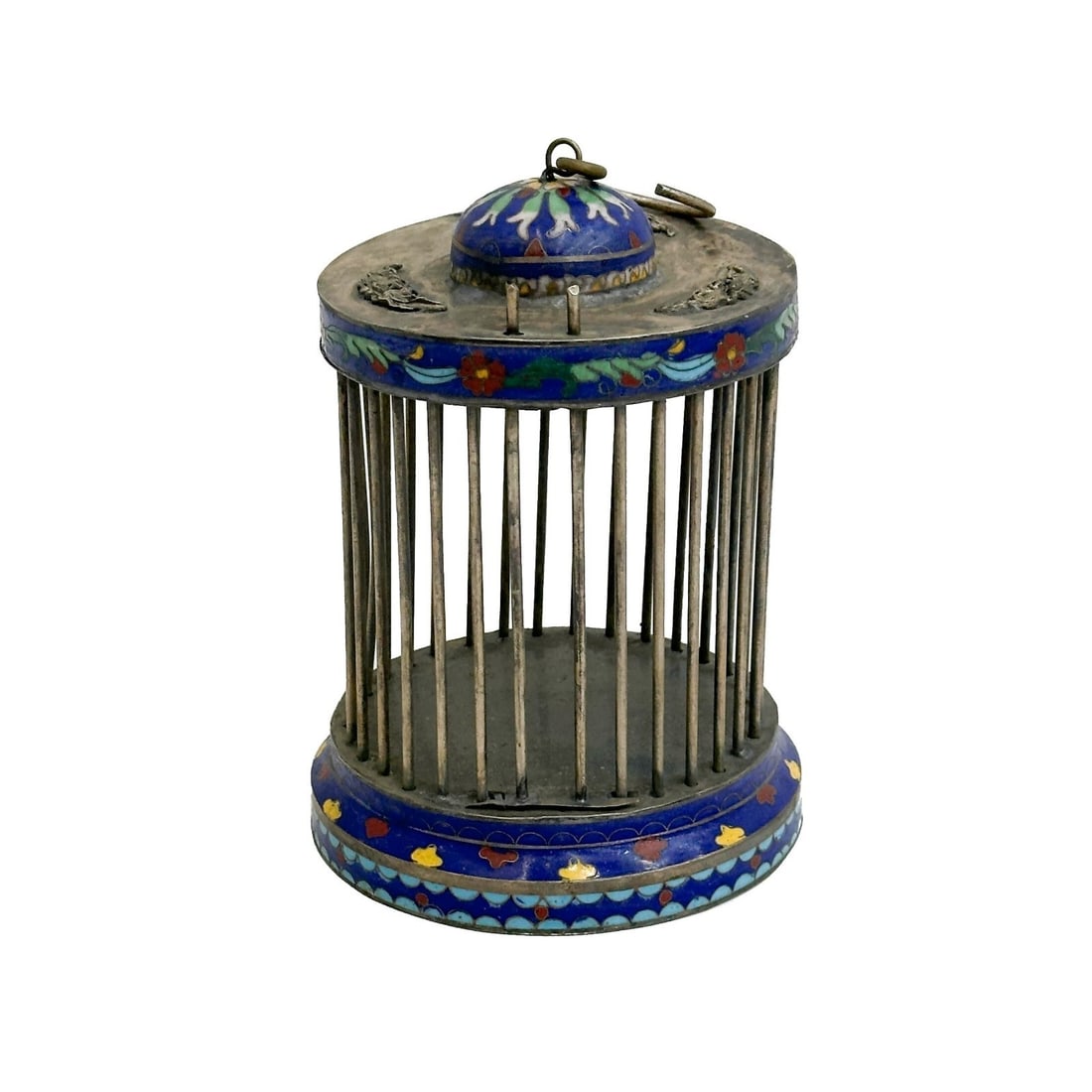 Chinese Cloisonne Enamel Metal Bird Cricket Cage Kangxi reign mark early 20th c: Chinese Cloisonne Enamel Metal Bird or Cricket Cage, early 20th century. Figural raised bird decoration to top edge. Underside with Kangxi reign mark Weight: Approx. 1 lb Measurements: Approx. 4.125 i