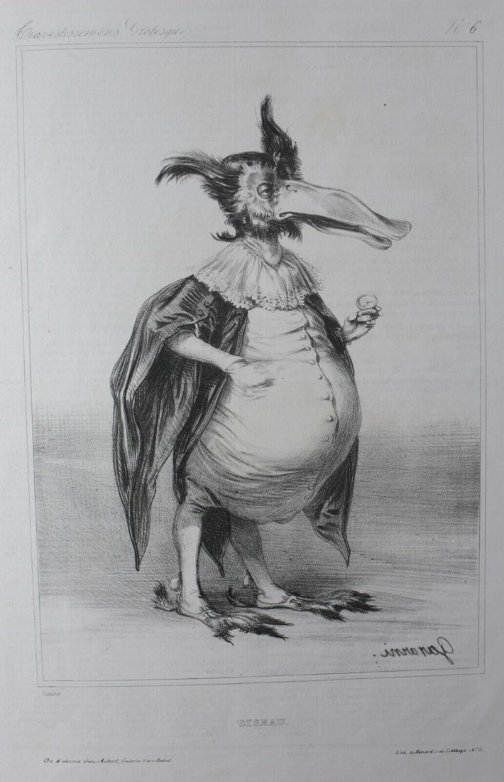 Paul Gavarni (French 1804-1866) Lithograph Gravestissemens Grotesque "Oiseau": Gavarni, Paul (French 1804-1866) Lithograph on paper. Captioned, "Oiseau", from the series Musiciens Comiques ou Pittoresques, No.4. "Le Bobre de l'ile Maurice", published in Revue et Gazette Musicale