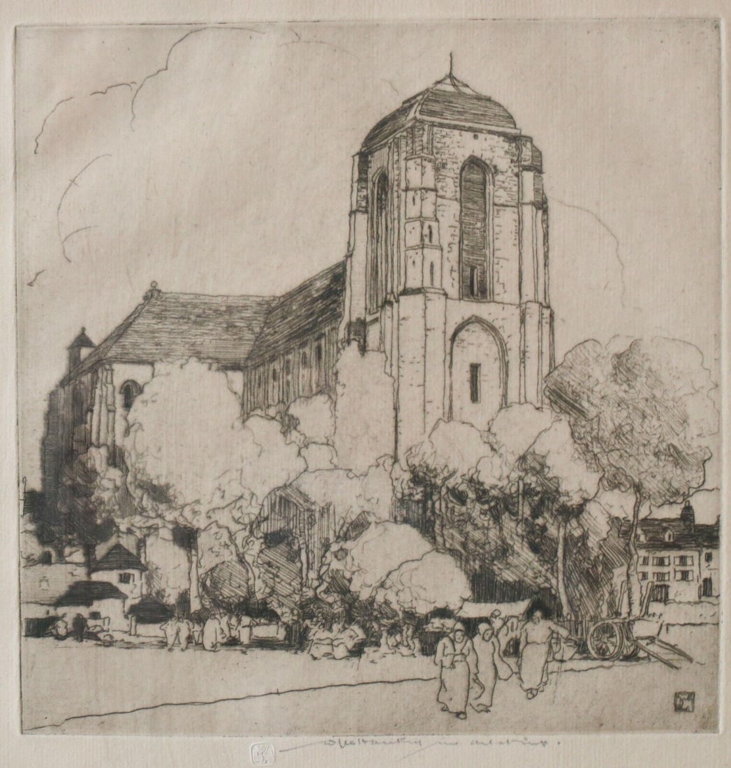William Lee Hankey (British 1869-1952) Drypoint etching Church in marketplace: William Lee Hankey (British 1869-1952) Drypoint etching on paper, Church in a marketplace. Monogram in plate lower right, impressed monogram lower center. Signed in pencil lower center and possibly ti