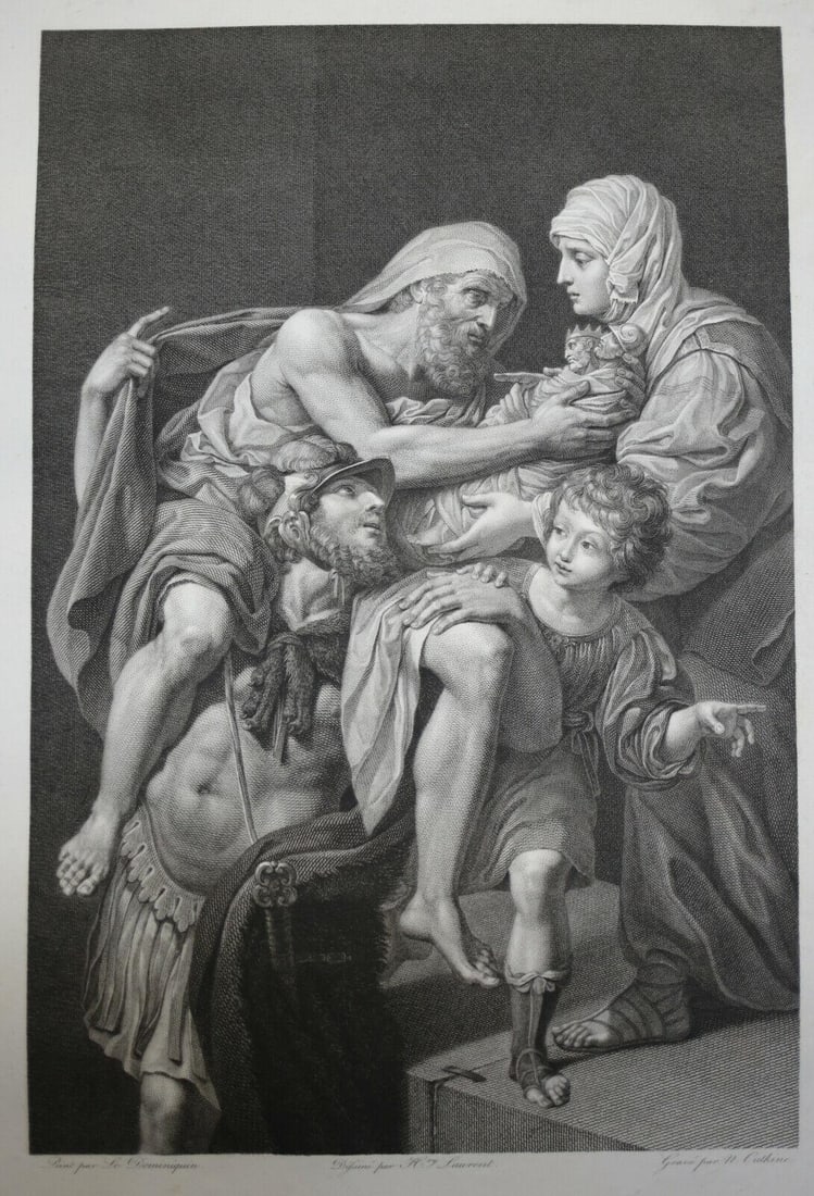 19th century Nikolai Ivanovich Utkin Russian Engraving Aeneas Carrying Father: Nikolai Ivanovich Utkin (Russian 1780-1863) Copper Engraving on paper, Aeneas Carrying His Father from Burning Troy, from the original by Domenichino Zamieri. Unframed, originally bound in portfolio, 