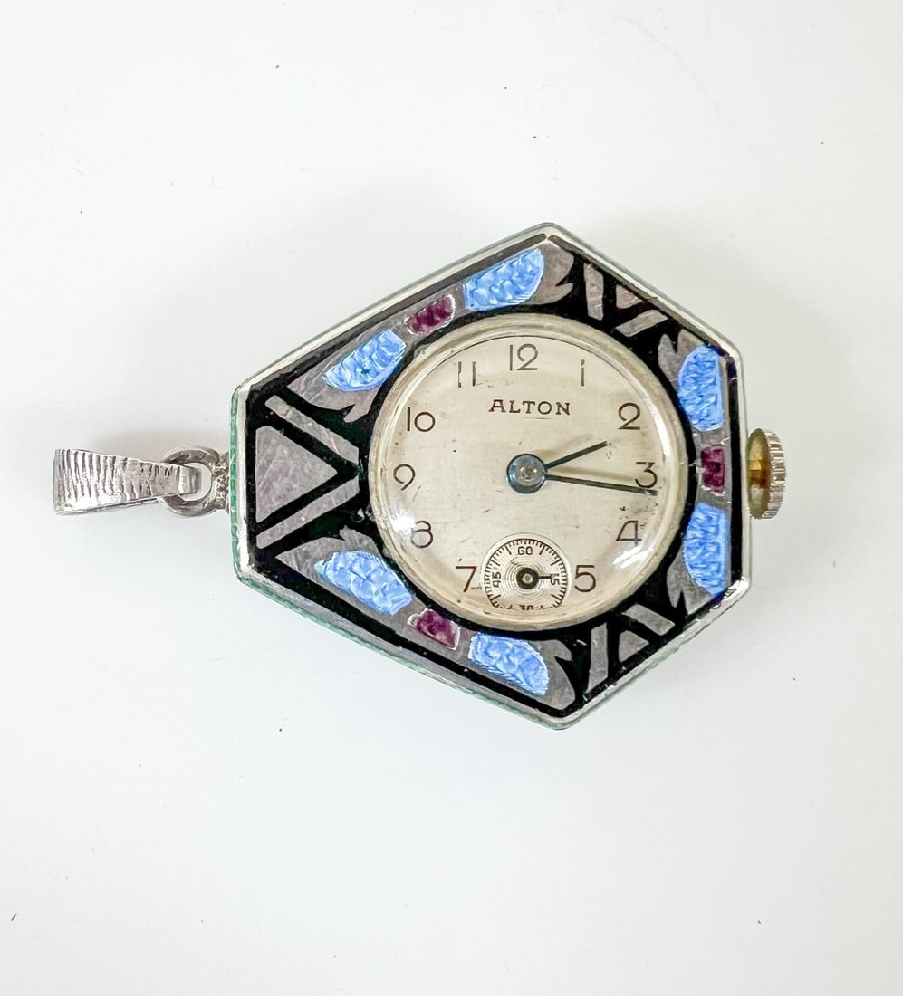Alton Sterling Silver Guilloche enamel watch pendant Baylor movment c1930: Alton Sterling Silver and Guilloche enamel watch pendant, art deco design. Second hand sub-dial. c1930. Working condition. Swiss bear Hallmark and marked Sterling 925 on inside back cover, also marked