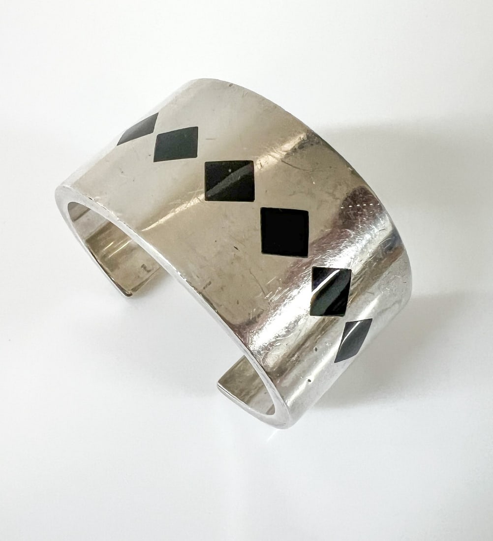 Vtg Antonio Pineda Taxco Mexico Sterling Silver 970 Onyx Cuff Bangle Bracelet (1 of 8)