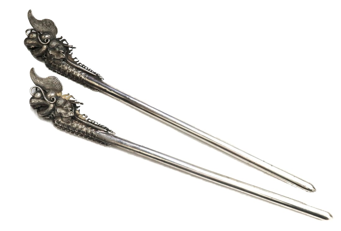 Chinese 90 Silver Dragon Hair Pins Early 20th Century (1 of 8)