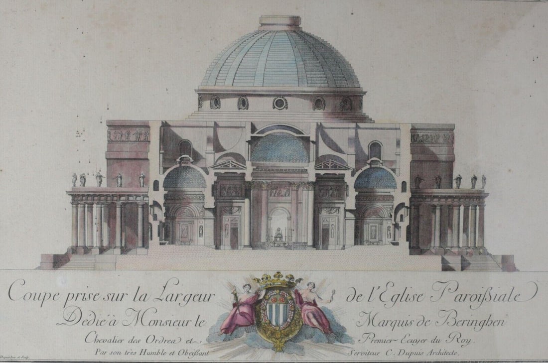 Charles Dupuis Pair of French Hand Colored Engravings Architectural 18th century: Charles Dupuis (French 18th century) a Pair of Hand Colored Engravings, Architectural Elevations - Captioned: " Coupe prise sur la Largeur de l'Eglise Paroissiale Dedie a Monsieur le Marquis de Bering