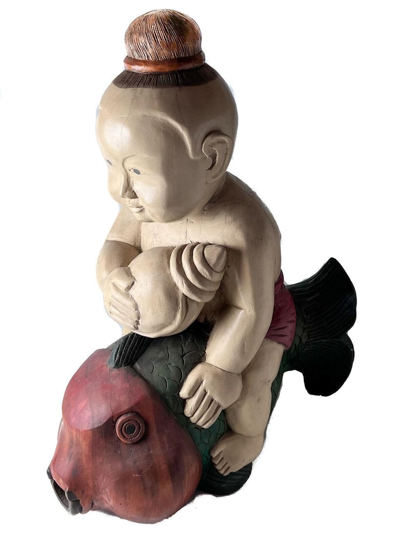Large Chinese Polychrome Wood Carved Figure Boy on Fish (1 of 7)