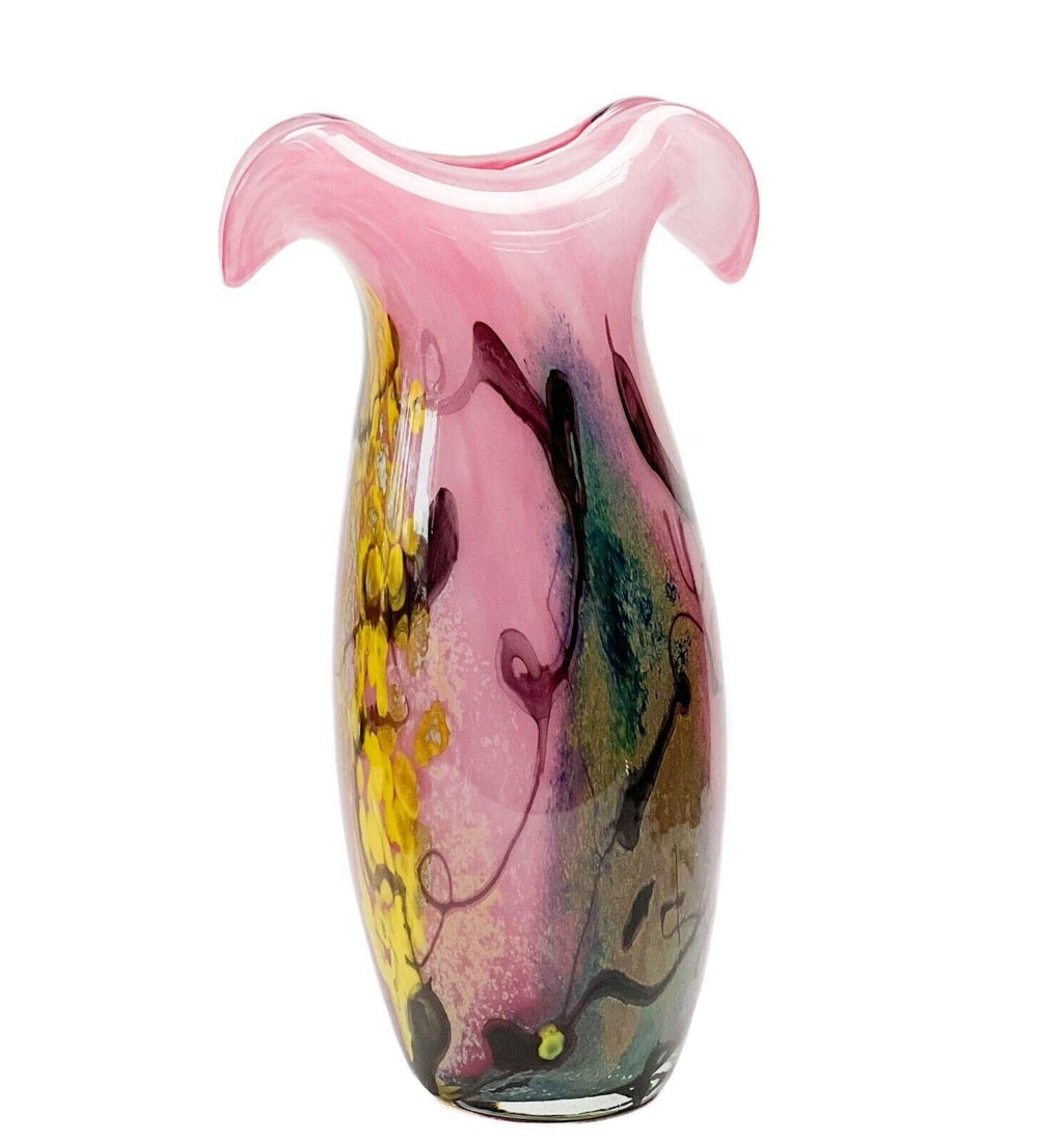 Studio Art Glass Vase Pink Yellow & Blue Thick Glass (1 of 6)
