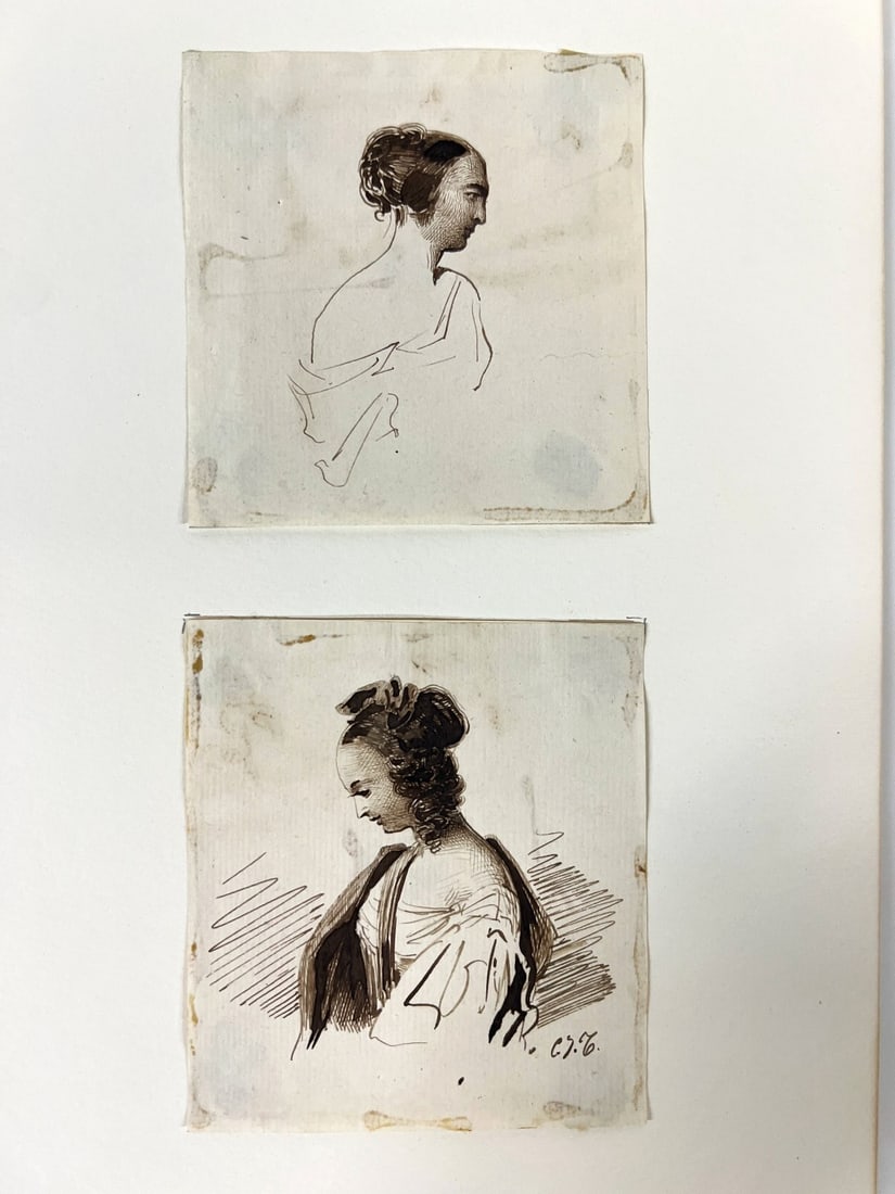 Charles Joseph Travies Pen & Ink drawing portraits of two women (1 of 9)