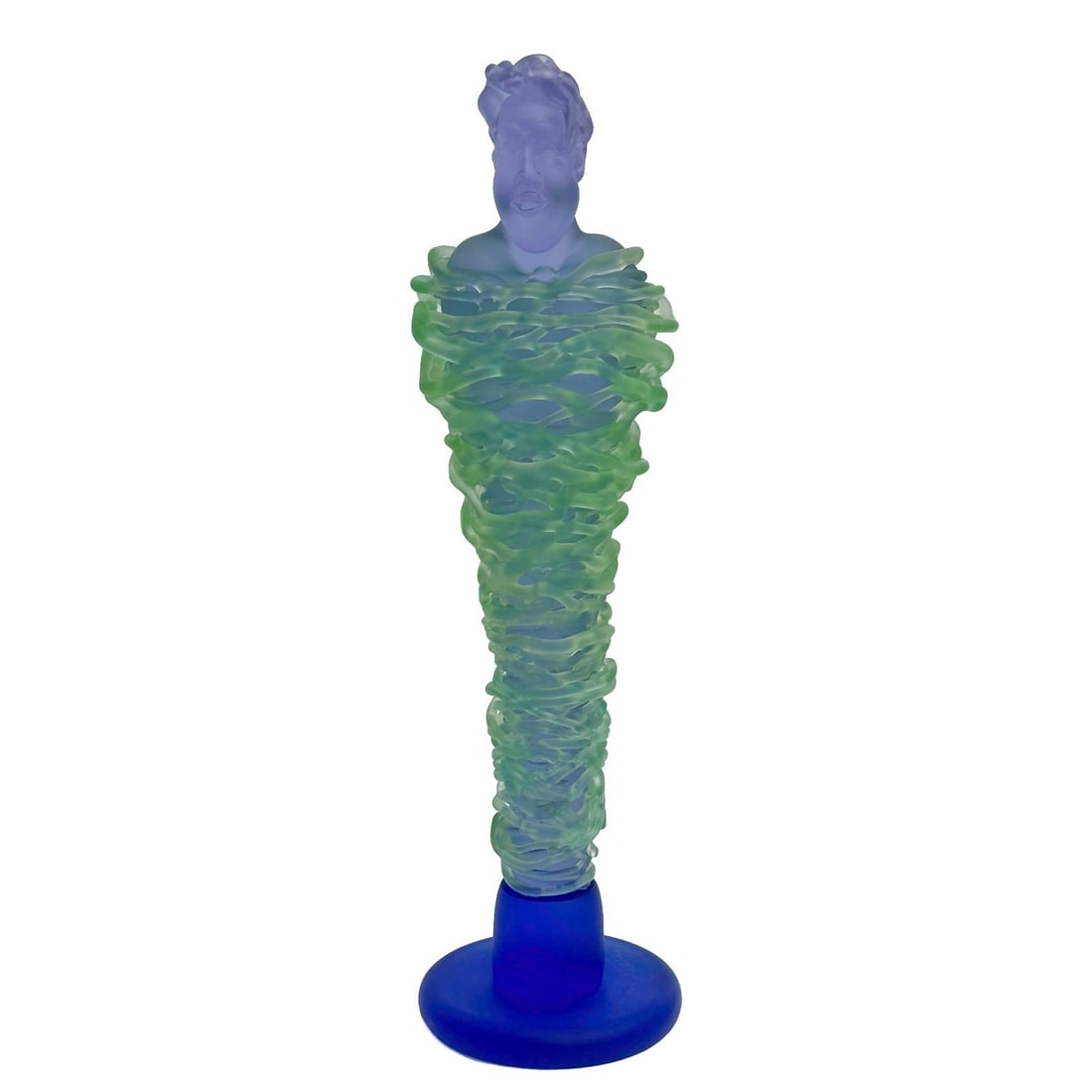 Richard Jolley Art Glass Sculpture Blue Green Figure Wrapped Signed: Richard Jolley (American b. 1952) Art Glass Sculpture "Wrapped." Blue and green frosted glass depicting a figure surrounded by applied glass wrappings. Signed to base Weight: Approx. 8 lb Measurements