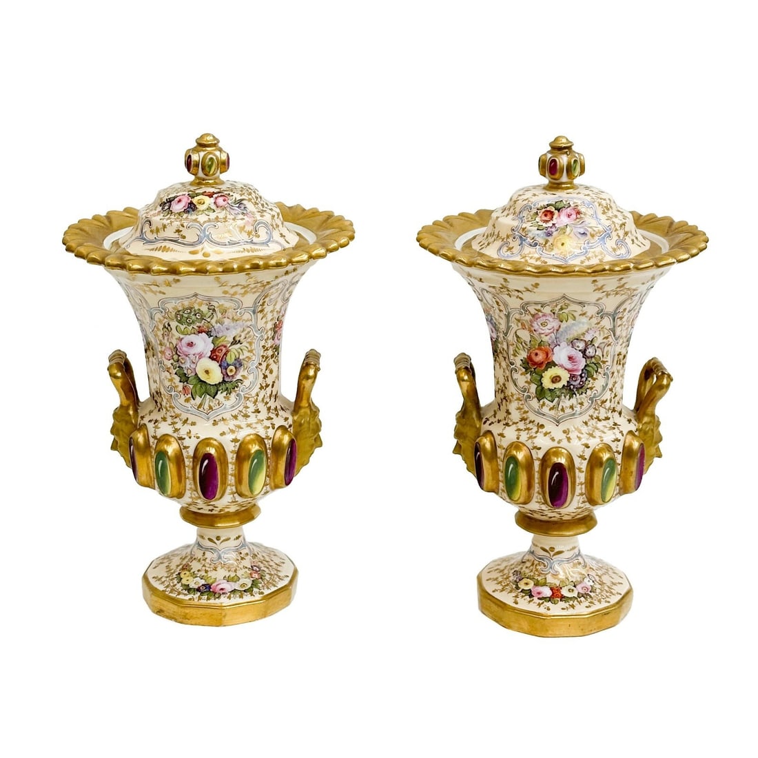 Pair Spode England Hand Painted Covered Porcelain Vases Faux Jewels 4775 c1810 (1 of 8)