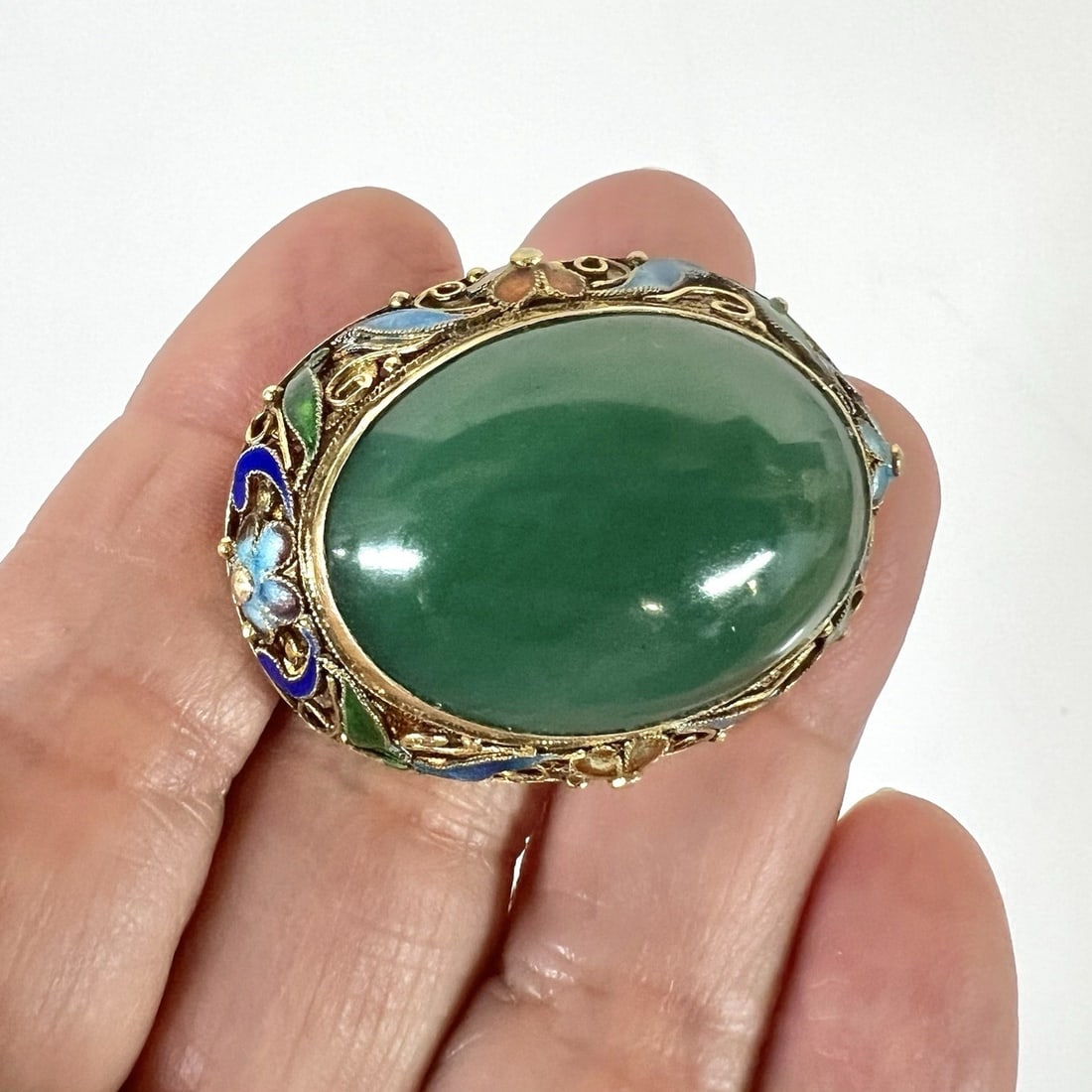 Chinese Gilt Sterling Silver filigree Nephrite cabochon and enamel Brooch (1 of 7)