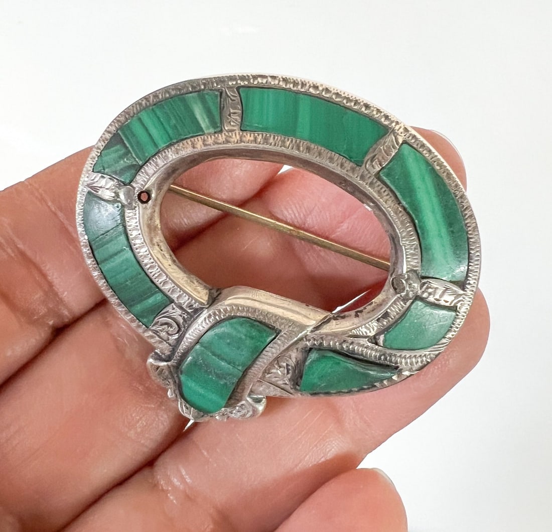 Victorian Scottish silver and malachite buckle brooch (1 of 6)