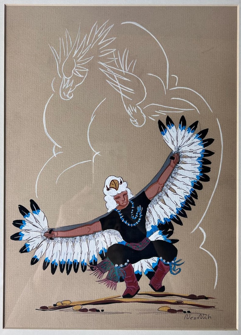 Franklin Morris Gouache painting Nez Nah Navajo Laguna Eagle Dancer: Franklin Morris Gouache painting on watercolor board, signed lower right "Nez-Nah", inscribed on reverse, "Laguna Eagle Dancer, learning piece #2, Franklin Morris Senior Navajo." In wood frame, glazed