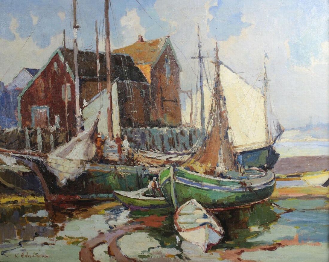 Camillo Adriani (American 20th century) Oil painting on canvas, Harbor scene: Camillo Adriani (American 20th century) Oil painting on canvas, Harbor scene (probably eastern seaboard), signed lower left, in gilt wood frame. 20lbs (USL) Measurements: Approx. painting 24 x 30 inch