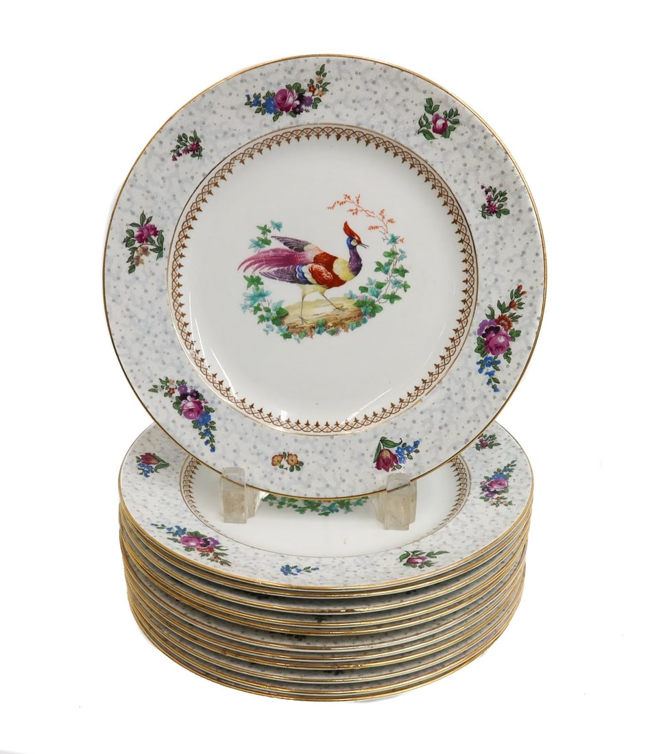 12 Booths England Porcelain Hand Painted Bird 8.75 inch Dessert Plates c1940: 12 Booths England porcelain hand painted bird 8.75 inch dessert plates, circa 1940. Various hand painted pink,yellow, and blue birds to center. Speckled rim with hand painted roses throughout. Booths 