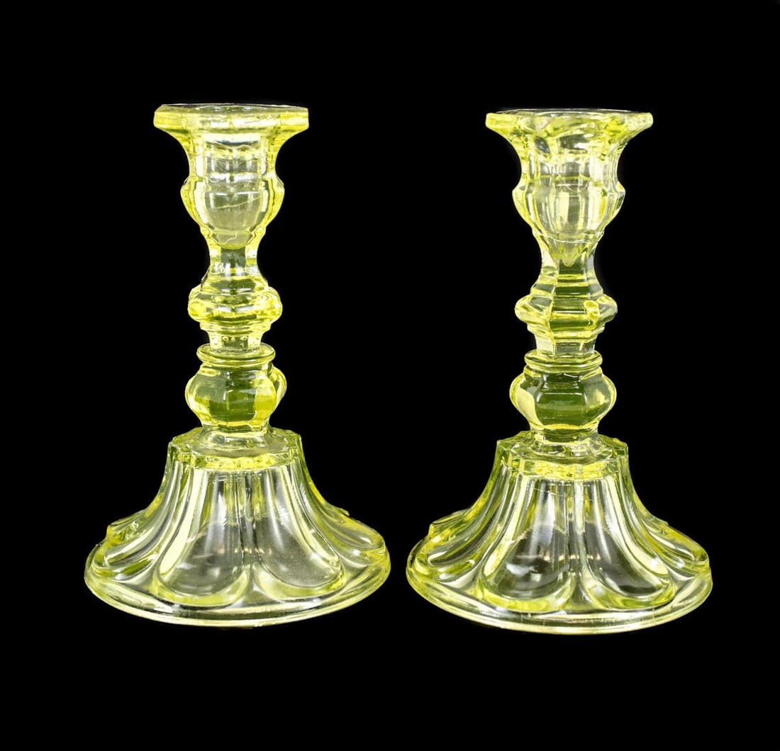 Pair of Yellow Vaseline Glass Candlesticks 6 3/4in 19th century (1 of 6)
