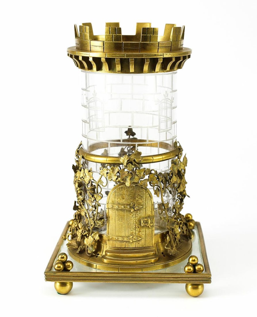 Late 19th Century Raised Golden Bronze Castle Shape on Etched Design Pot Glass: Late 19th century raised Gilt Bronze Castle shape on frosted glass pot; at the mounting feet. Inscribed inside the lid. Weight 4.5 pounds. Approximately tall, 6 inches x 6 inches x 9.25 inches Conditi