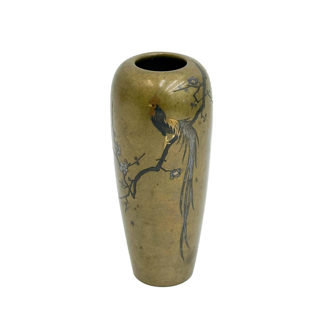 Japanese Mixed Metals Bronze 4.5 inch Vase Rooster Meiji period: Japanese Mixed Metals Bronze Vase, Meiji period. Vase decorated with gilt and copper inlay depicting a rooster in a tree, silvered flowers. Apparently unmarked. Weight: Approx. 1 lb Measurements: Appr