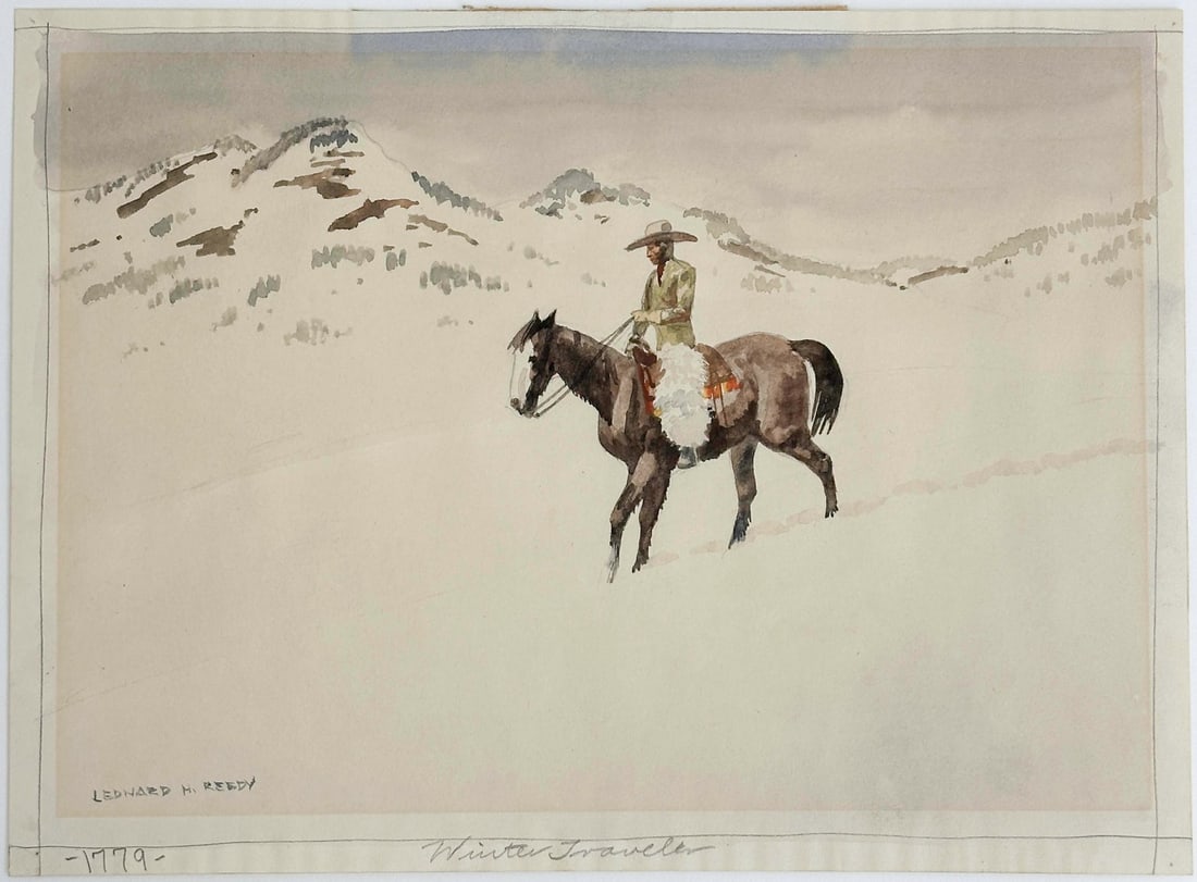 Leonard Howard Reedy American Watercolor Painting on Paper Winter Traveler: Leonard Howard Reedy (American, 1899-1956) hand painted watercolor painting on paper. Depicts a figure on a horse in a snowy landscape. Titled "Winter Traveler" to the lower edge, artist signed Leonar