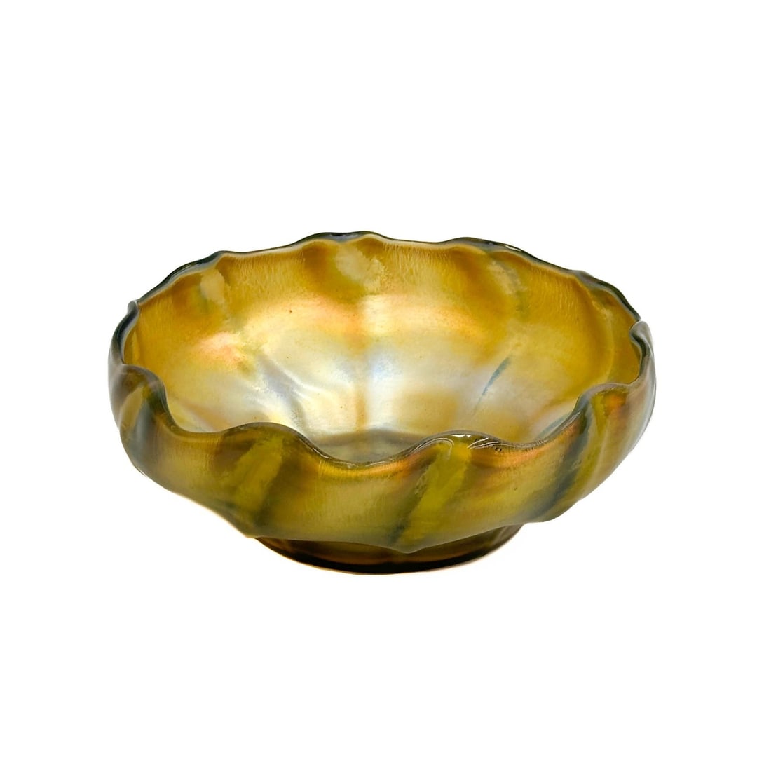 LCT Tiffany Favrile Polished Gold Art Glass Bowl Ruffled Signed X351: L.C.T. Louis Comfort Tiffany art glass bowl. Gold glass with an iridescent finish to the interior, green and gold highly polished exterior. Underside with a polished pontil , marked LCT Favrile X351 W